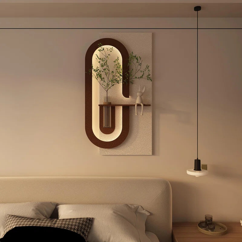 Adjustable 3-Color LED Sandstone Wall Decor With Simulated Green Plants - 3D Art Sculpture, Glass Vase & Rabbit Statue, Remote Control Light Strips For Living Room, Bedroom, Hallway