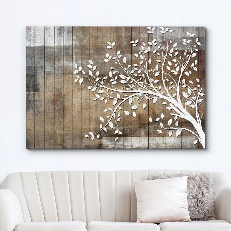 White Tree Branch With Leaves On Wood Effect Background Large Pictures Framed Canvas Print Wall Art