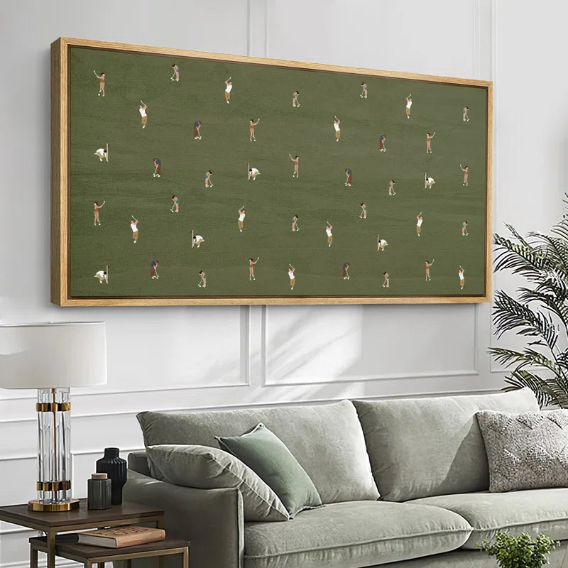 Whimsical Golfers on Green Large Framed Canvas Print Wall Art, Playful Mid-Century Decor