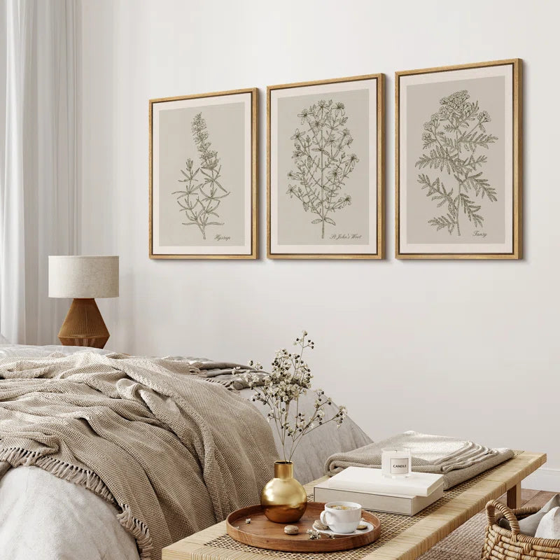 Duotone Vintage Flowers Neutral Floral Botanical Minimalist Framed Canvas 3 Pieces Print Wall Art