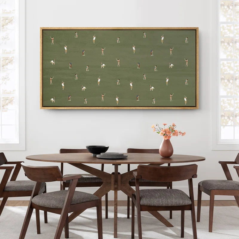 Whimsical Golfers on Green Large Framed Canvas Print Wall Art, Playful Mid-Century Decor