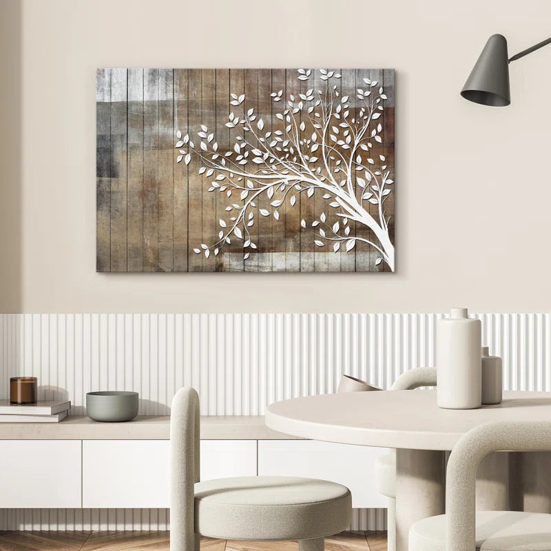 White Tree Branch With Leaves On Wood Effect Background Large Pictures Framed Canvas Print Wall Art