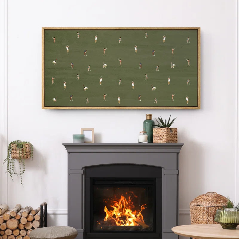 Whimsical Golfers on Green Large Framed Canvas Print Wall Art, Playful Mid-Century Decor