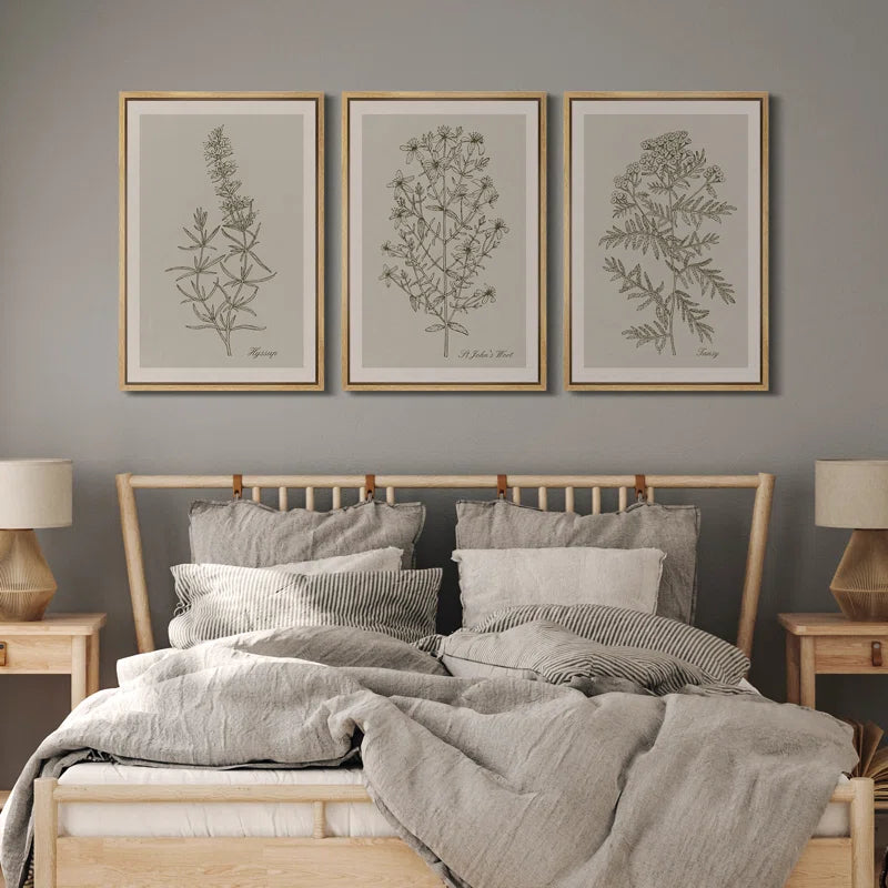 Duotone Vintage Flowers Neutral Floral Botanical Minimalist Framed Canvas 3 Pieces Print Wall Art