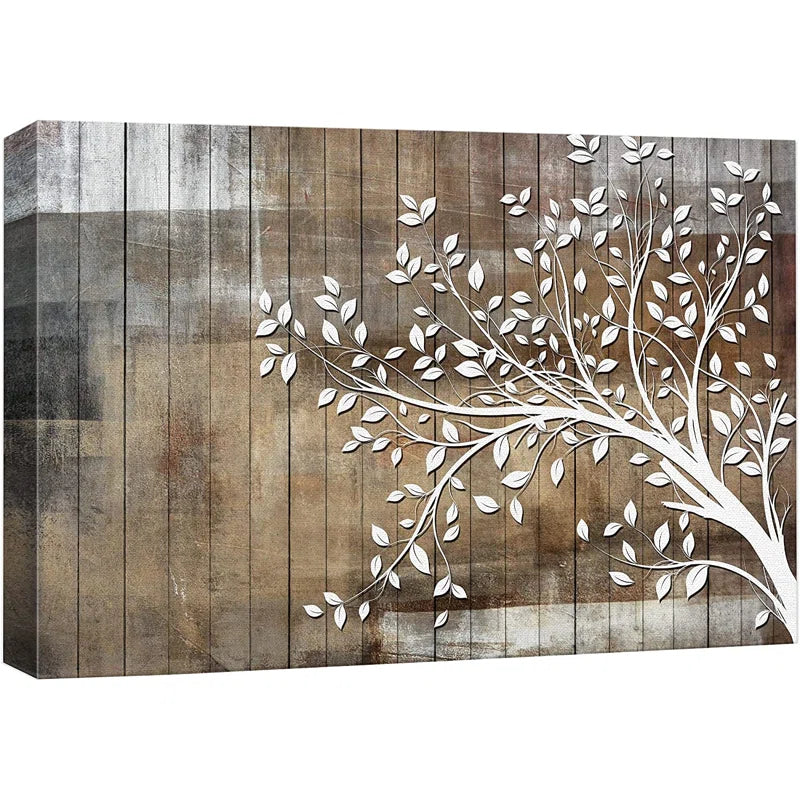 White Tree Branch With Leaves On Wood Effect Background Large Pictures Framed Canvas Print Wall Art