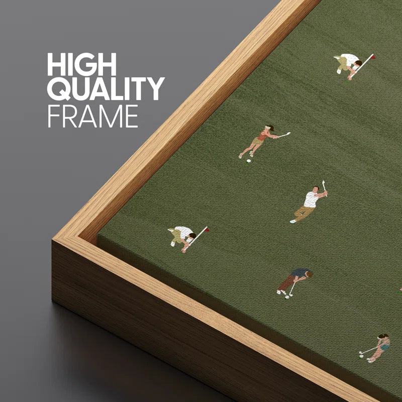 Whimsical Golfers on Green Large Framed Canvas Print Wall Art, Playful Mid-Century Decor